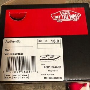 Vans Shoes - Vans Men size 13 Red &White Brand New Vans Shoes - Vans Men size 13 Red &White Brand New
